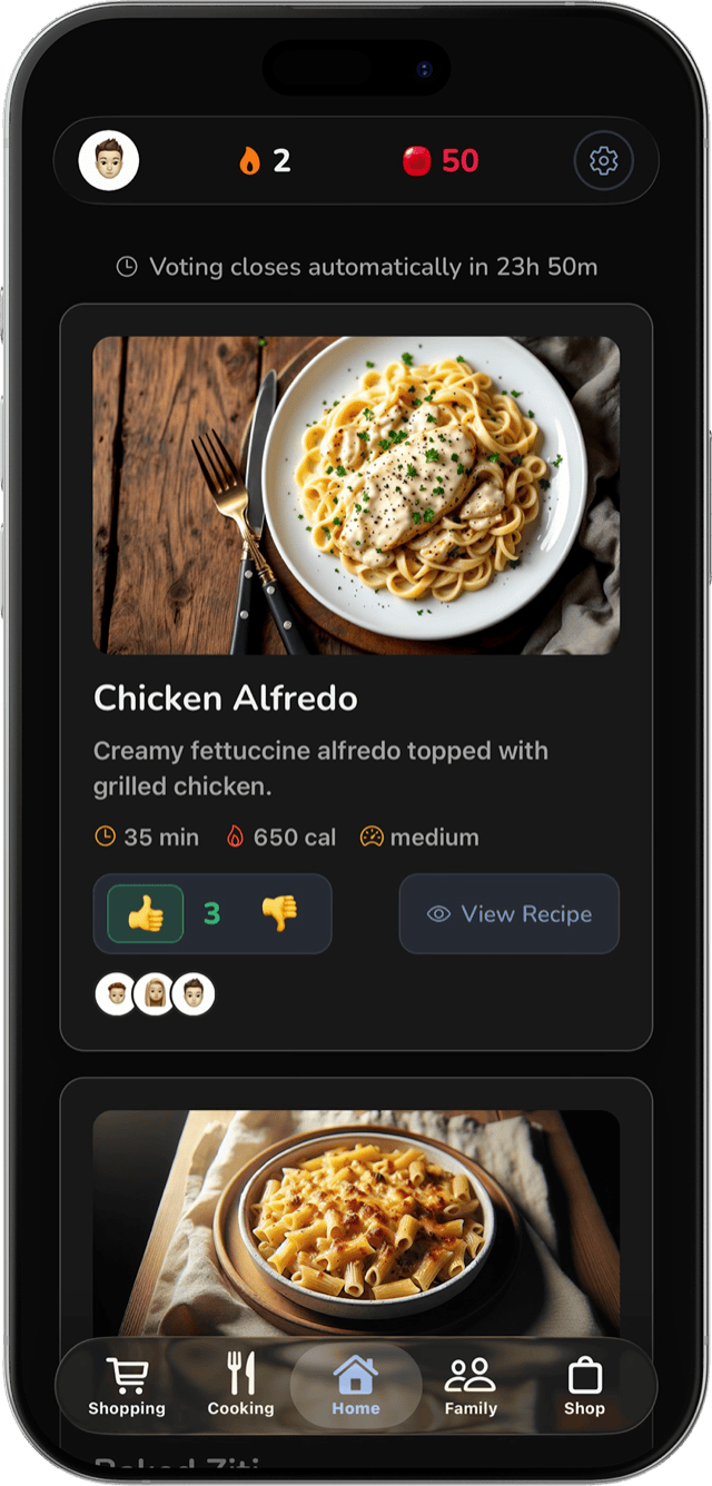 Fampot app screen showing families voting on the Chicken Alfredo recipe